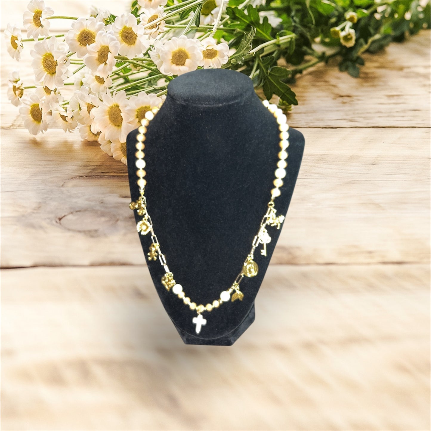 Necklace with glass beads and  gold charms